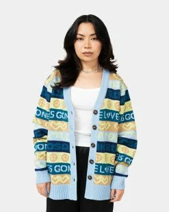 Atmos Pink Handwritten Style Jacquard Knit Cardigan (Blue)